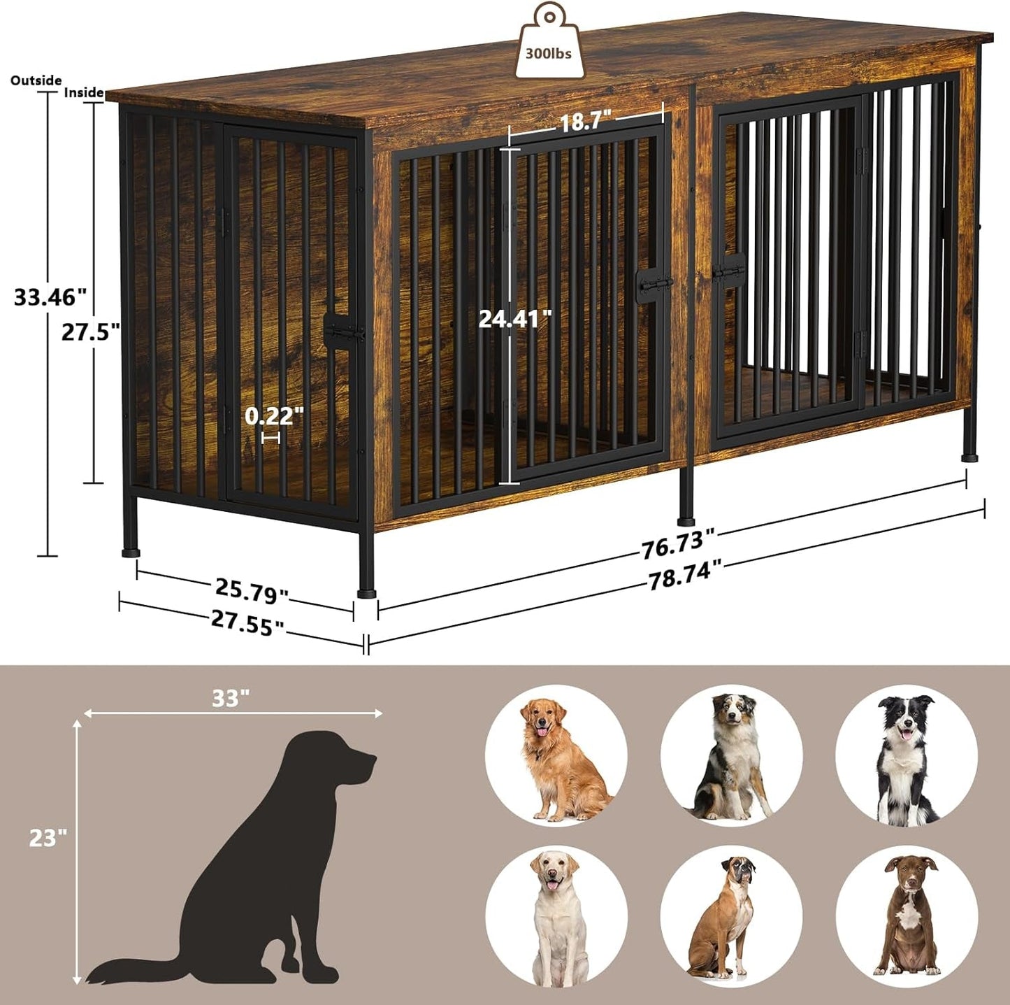 78" XXL Dog Crate Furniture for 2 Large Dogs – Double Kennel with Divider, Wooden TV Stand Style Dog Cage with Doors & Storage (Rustic Brown) - Paw Fit Gears