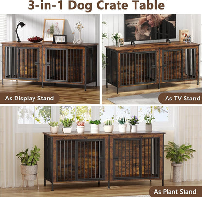 78" XXL Dog Crate Furniture for 2 Large Dogs – Double Kennel with Divider, Wooden TV Stand Style Dog Cage with Doors & Storage (Rustic Brown) - Paw Fit Gears