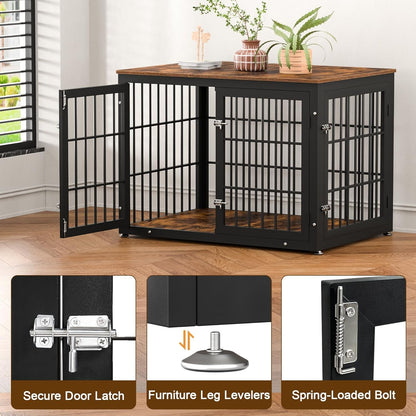 Rustic Dog Crate Furniture – Heavy Duty Wooden Kennel & End Table for Large/Medium Dogs (42" Brown) - Paw Fit Gears